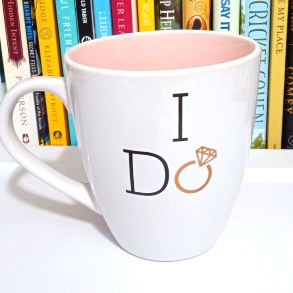 WEDDING RING "I DO" COFFEE MUG - White and Pink - 20oz. CUP - Picture 1 of 7